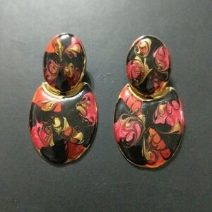 Vintage Black, Red, and Gold Tone Swirl Clip On Statement Earrings